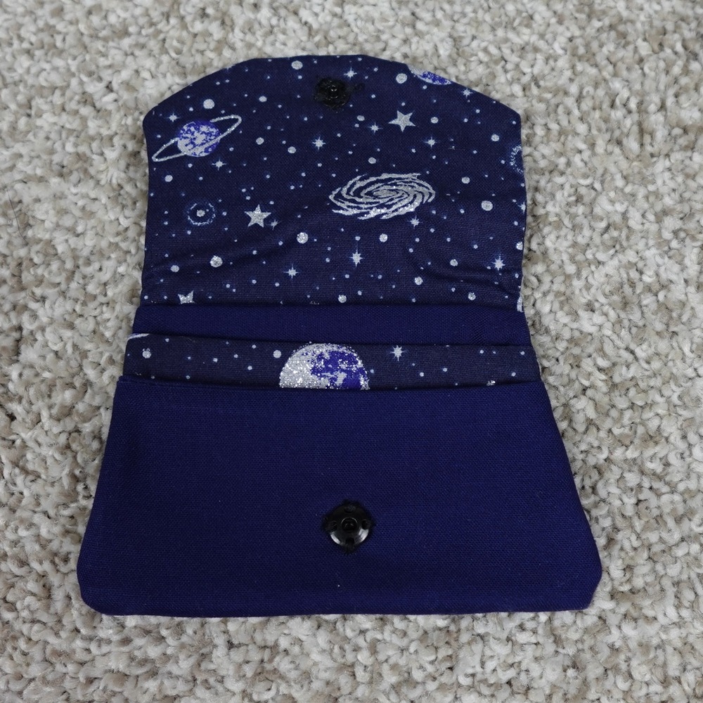 Handmade Navy Blue Canvas Pocket Wallet Galaxy Celestial Print Interior Snap - Picture 3 of 6